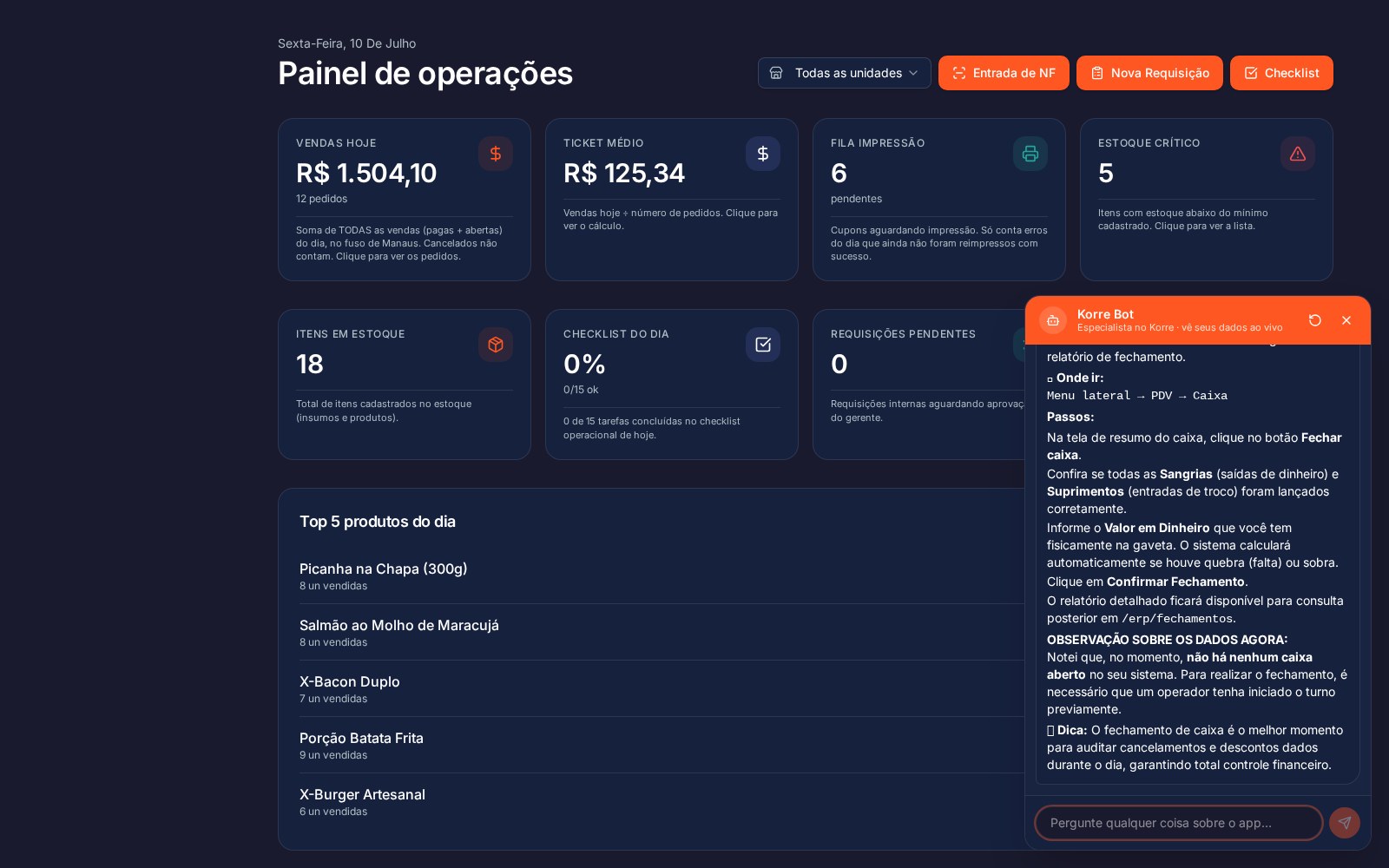 Chat do Korre Bot aberto sobre o painel de operações