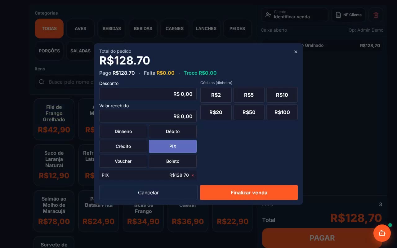 Tela do PDV Korre finalizando uma venda de restaurante