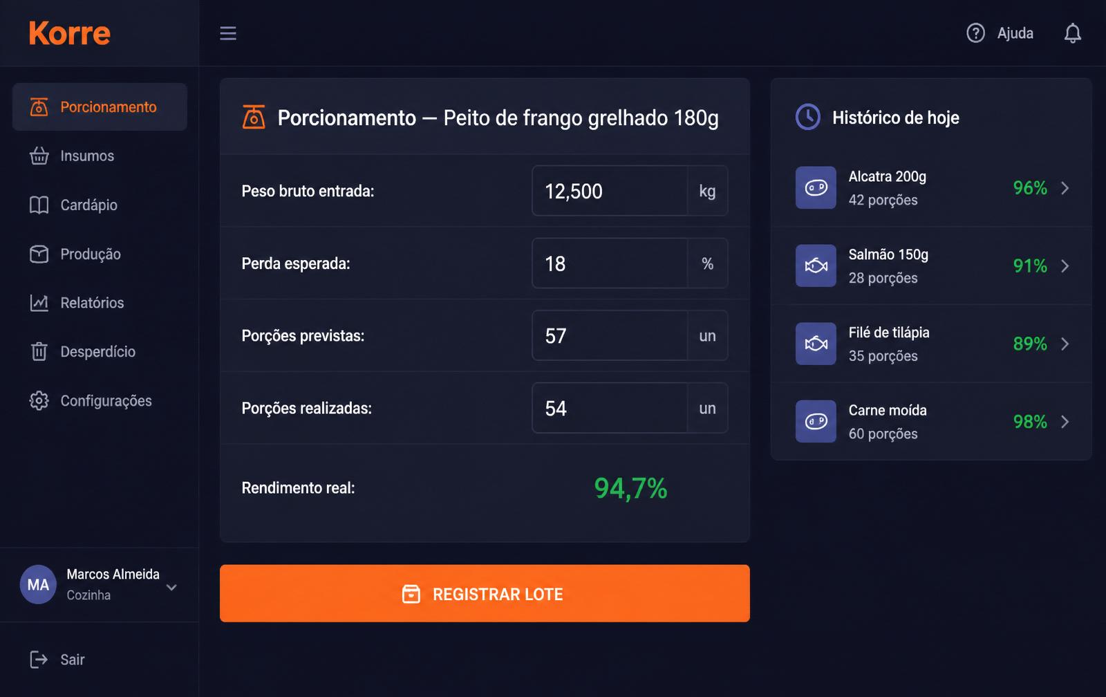 Tela de porcionamento calculando rendimento de proteína